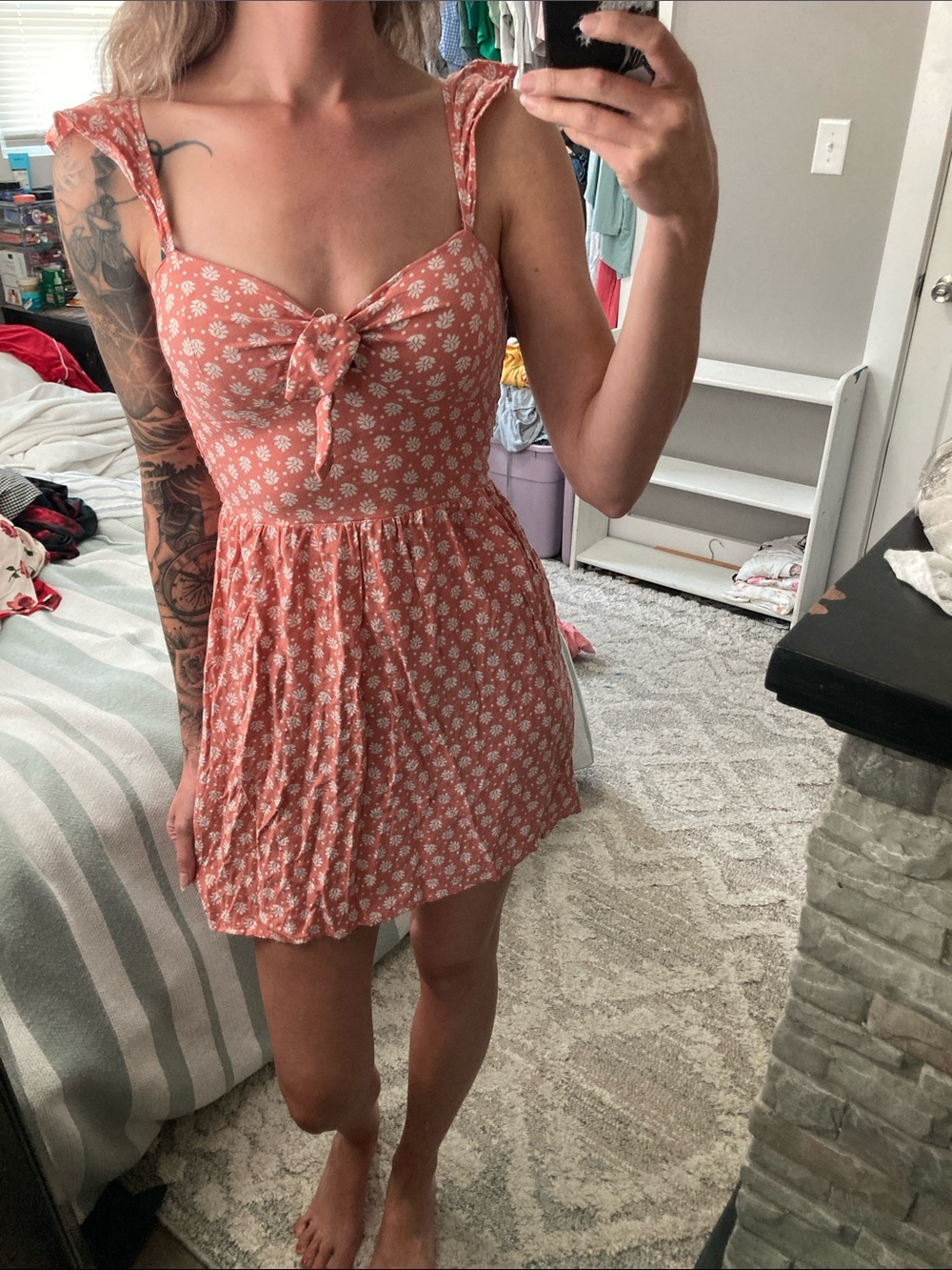 AUW blush Peachy Salmon Pink Floral Mini Dress